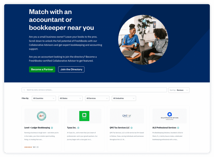 FreshBooks UI screen - Advisor Directory