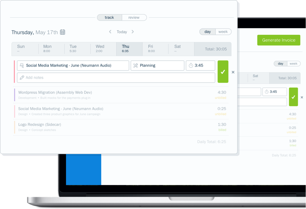 Screenshot of time tracking by day in FreshBooks accounting software