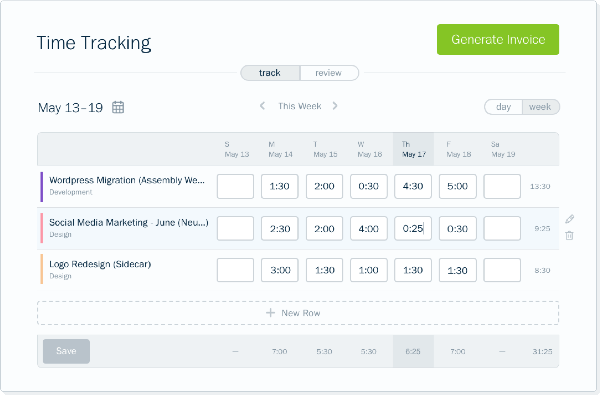 Screenshot of logging in hours by day in FreshBooks accounting software