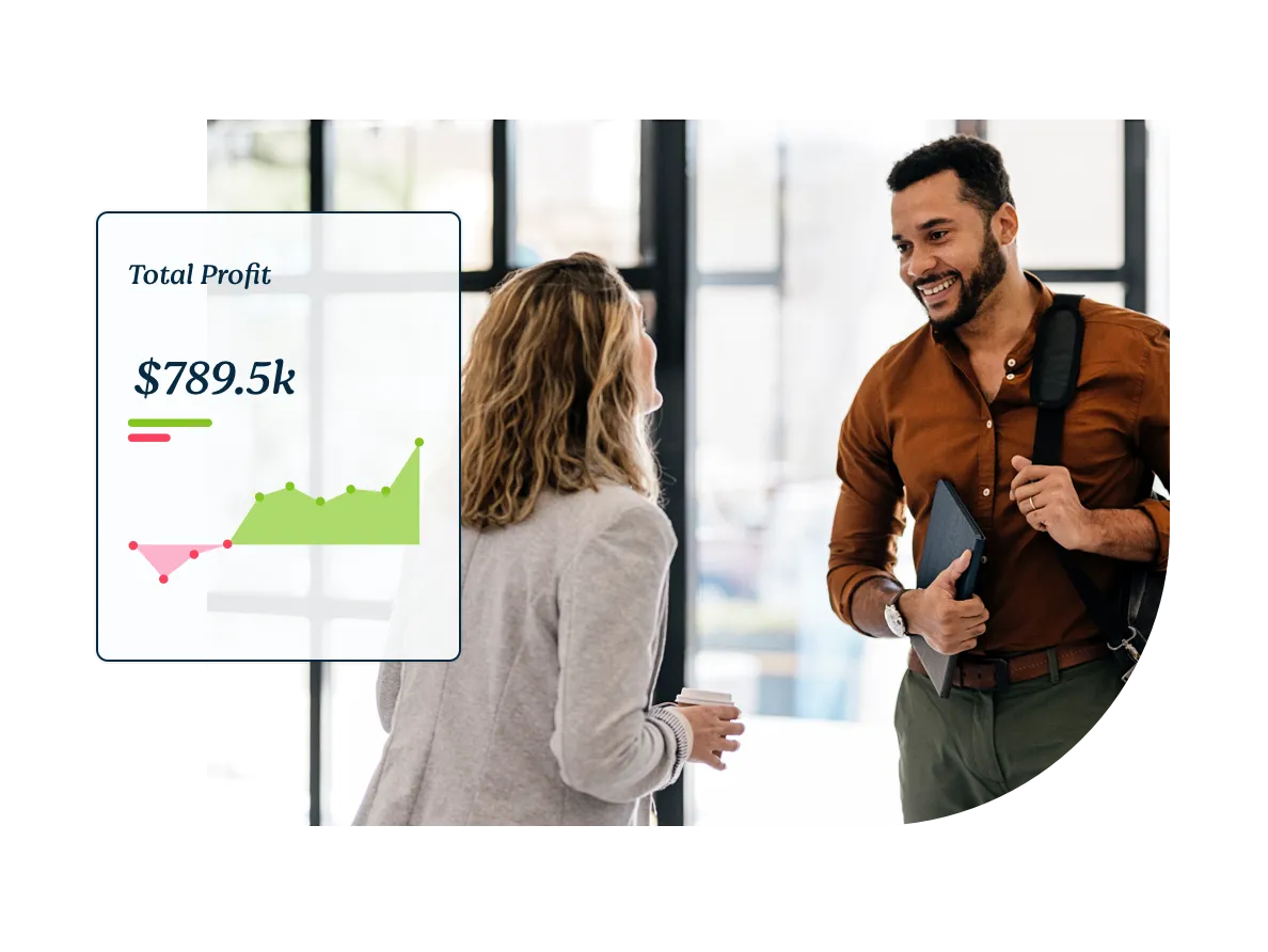 A woman and man talking with an illustrative total profit chart